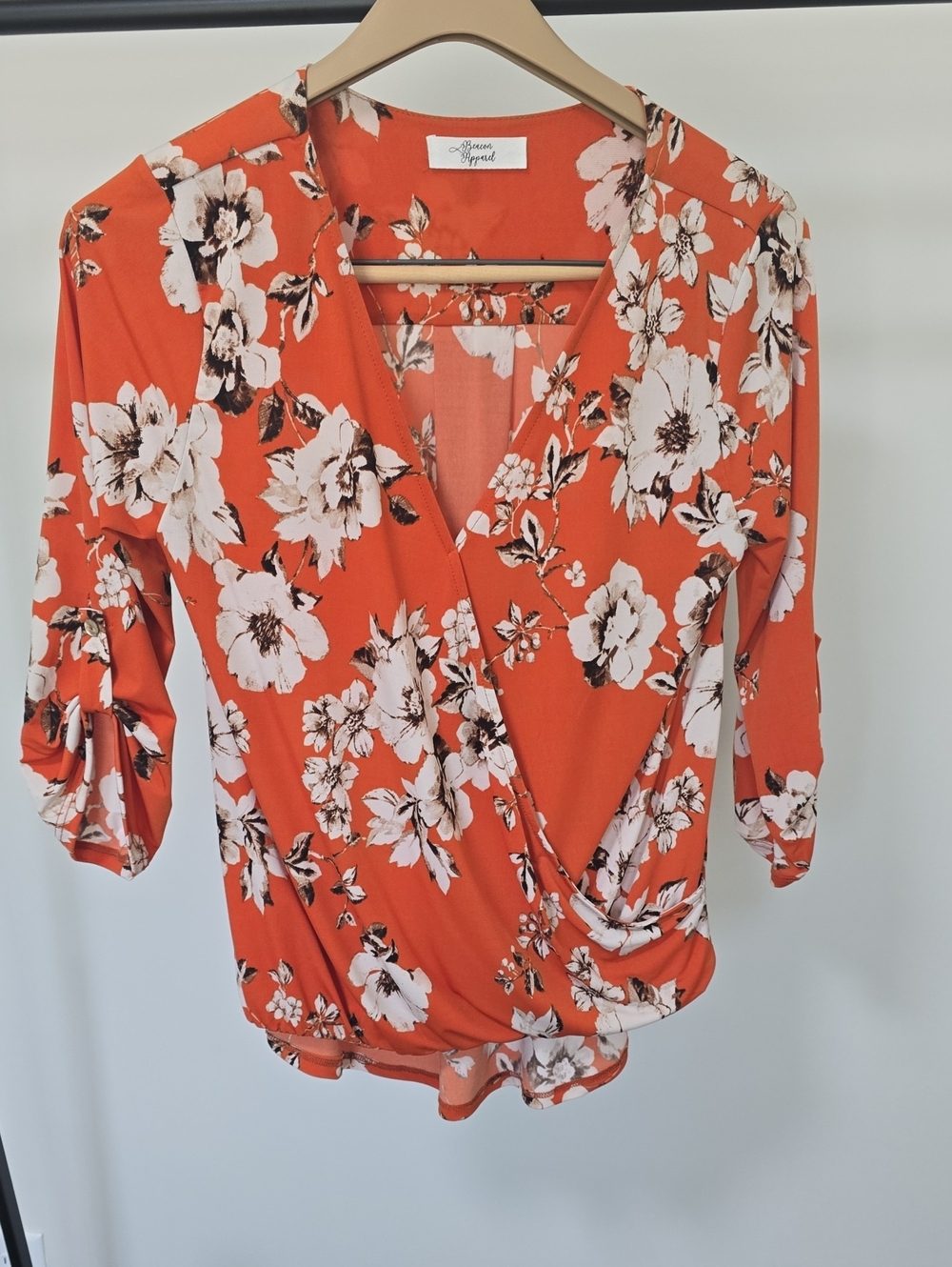 Beacon Apparel Orange Floral Surplice Blouse- Never Worn